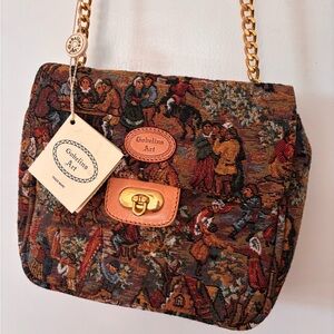 Vintage Gobelins Art Tapestry Shoulder Bag in Multicolor with Gold Chain